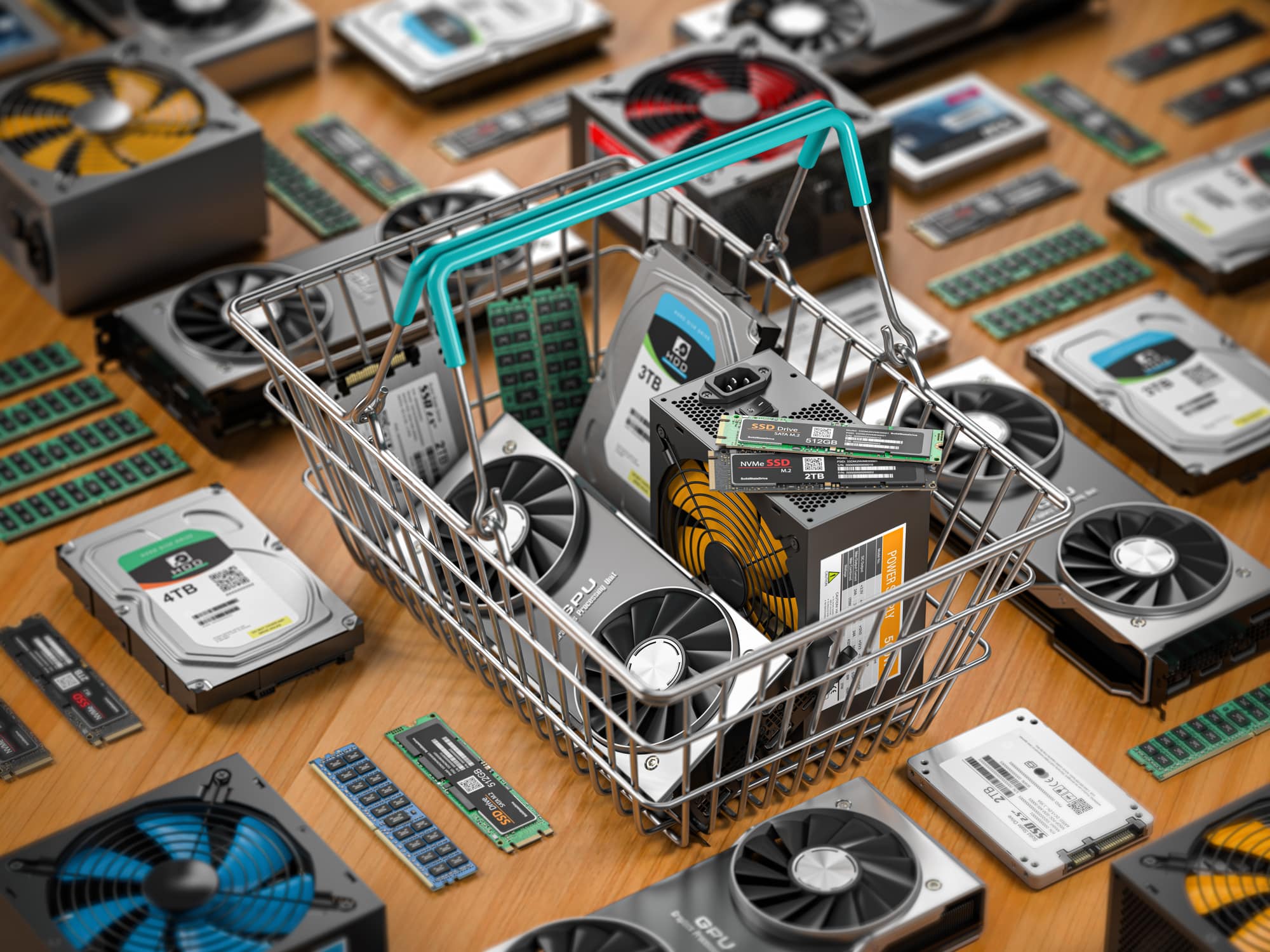 Computer hardware in shopping basket. Buying  pc computer parts online concept. 3d illustration